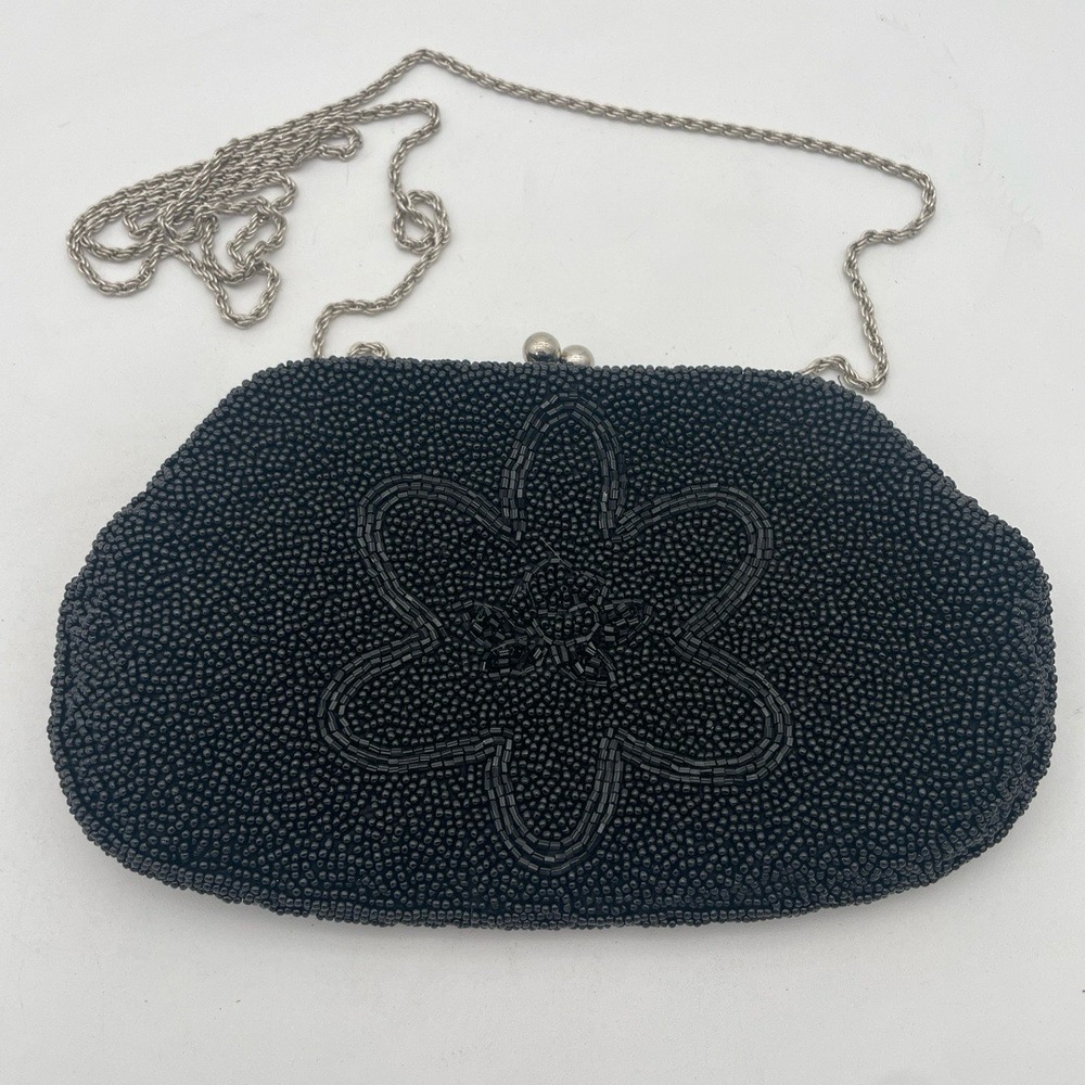 La Regale LTD Black Beaded Convertible Kiss-Lock Evening Clutch Shoulder Bag